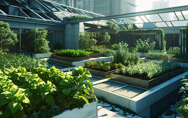 Obraz premium Rooftop gardening, Rooftop vegetable greenhouse garden, Growing vegetables on the rooftop of the building