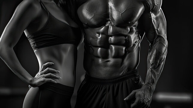 Athletic muscular woman and man torsos on a black background. Layout concept for a gym or fitness training. 