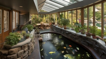 Obraz na płótnie Canvas Sunroom with integrated indoor water feature and koi pond.
