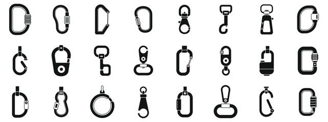 Carbine icons set simple vector. Clip hook climber. Clasp tool metal - obrazy, fototapety, plakaty