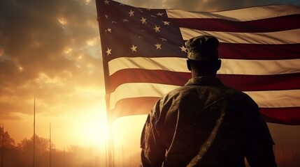 American soldier saluting usa flag at sunrise  symbolizing national holidays and patriotism