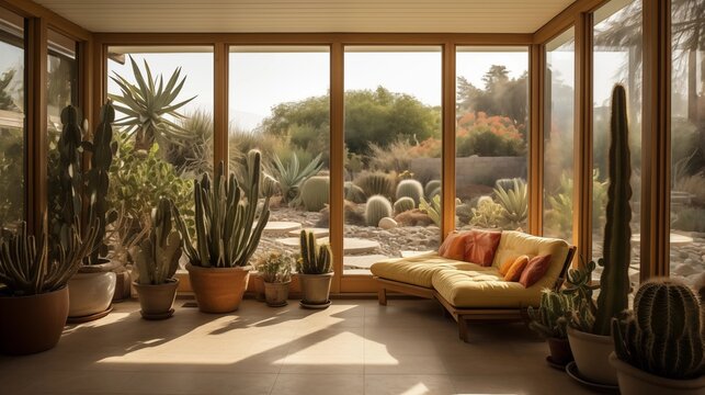 Sunroom with integrated indoor succulent and cactus garden.
