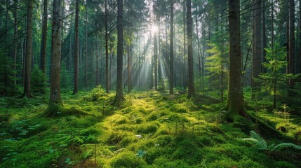Fototapeta na wymiar Sun Shines Through Trees in Green Forest