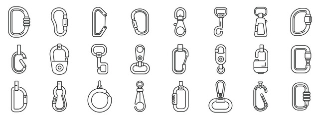 Carbine icons set outline vector. Clip hook climber. Clasp tool metal - obrazy, fototapety, plakaty