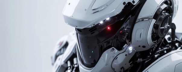 Military robot helmet detail. Futuristic cyborg head close up
