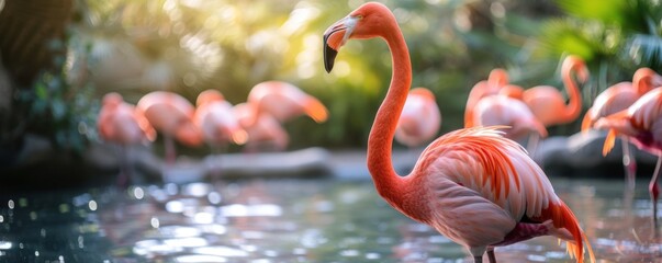 flamingo in natural habitat. Big pink popular bird is relaxing near water pond