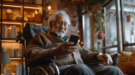Senior male in a nursing home sitting in a wheelchair looking at his smartphone. Concept: retirement