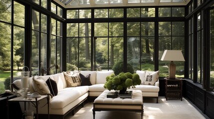 Sunroom with ivory plush furnishings and black framed glass walls.
