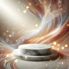 Photoreal 3D with Abstract Podium with a blurred or bokeh background of Swirling Marble Textures