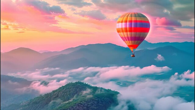 Sunrise Balloon Flight. A colorful hot air balloon drifts above ethereal misty mountains at sunrise, painting a serene landscape against the awakening sky.
