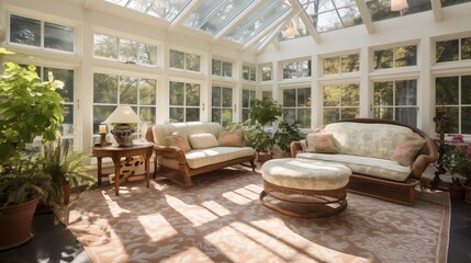 Sunroom with luxurious heated floors and plush area rugs.