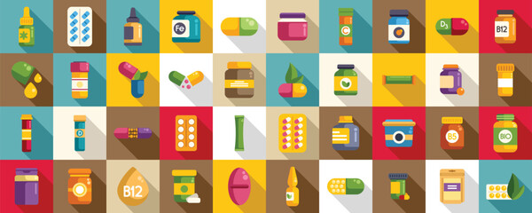 Dietary supplements icons set flat vector. Vitamin label. Package multivitamin