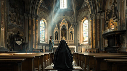 Nun in church - obrazy, fototapety, plakaty