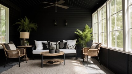 Sunroom with matte black concrete floors and black painted shiplap walls.