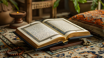 Islamic concept - The Holy Al Quran with written Arabic calligraphy meaning of Al Quran and rosary beads or tasbih, Arabic word translation: The Holy Al Quran