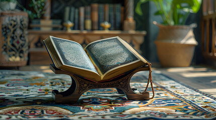Islamic concept - The Holy Al Quran with written Arabic calligraphy meaning of Al Quran and rosary beads or tasbih, Arabic word translation: The Holy Al Quran