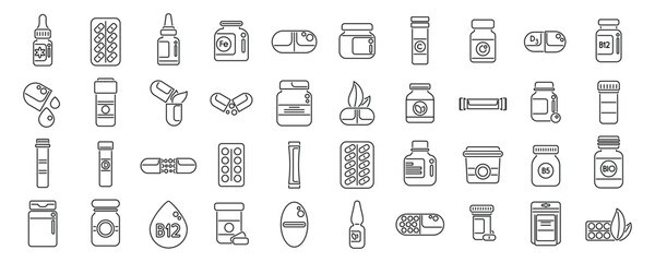 Dietary supplements icons set outline vector. Vitamin label. Package multivitamin