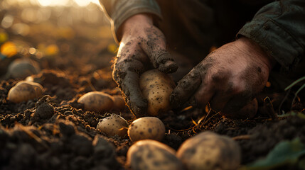 Harvesting potatoes on the farm, agriculture, a farmer with a tablet checks the quality of the cut potatoes in the field, an agronomist sorts out vegetables, a delicious healthy food product,  - obrazy, fototapety, plakaty