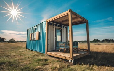 The modern tiny house is made from old shipping containers. Sunny day nicely decorated house environment. Shipping container houses are sustainable, eco-friendly living accommodations or holiday home