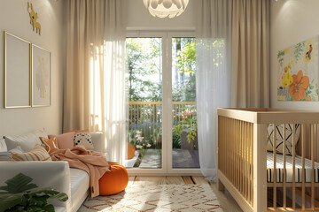 Cozy nursery with modern furnishings and natural light for family-oriented design. - obrazy, fototapety, plakaty