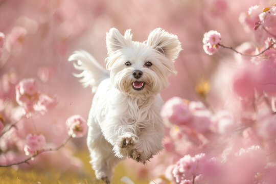 White Maltese dog running playfully among pink cherry blossoms in spring.