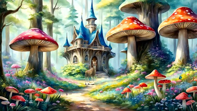 Fairy palace with deer and mushrooms in the forest. Seamless looping time-lapse 4k video animation background