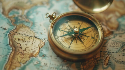Close-up of an antique compass on a vintage world map, ideal for travel and adventure themes.