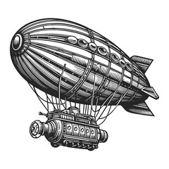 Airship in steampunk style sketch engraving generative ai raster illustration. Scratch board imitation. Black and white image.