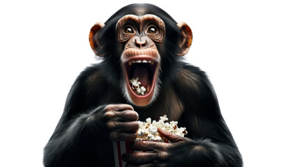 funny monkey with expectant face eating popcorn isolated on white background. Interested chimpanzee eating popping popcorn in his mouth with amazed face. - obrazy, fototapety, plakaty