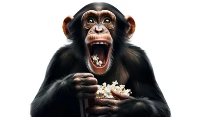 Foto op Plexiglas funny monkey with expectant face eating popcorn isolated on white background. Interested chimpanzee eating popping popcorn in his mouth with amazed face. © angellodeco