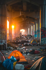 Evening shot of a homeless encampment under an overpass with tents and graffiti. - obrazy, fototapety, plakaty