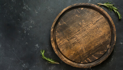 empty round wooden tray with rosemary branch on a dark background with space for products, text or inscriptions - obrazy, fototapety, plakaty