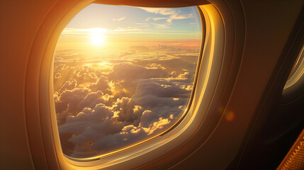 Naklejka premium Sunrise viewed from airplane window, suitable for travel and vacation themes.