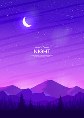 Mountains and forest on the background of a bright sky. Sunset in pink and purple colors. Moon and stars. Night landscape. Design for poster, background, cover, card, flyer. Vector illustration.