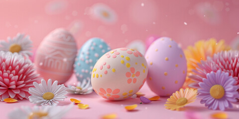 Fototapeta na wymiar pink background with easter eggs and flowers easter background