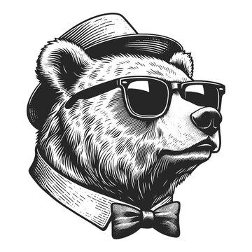 bear with a hipster vibe, sporting sunglasses and a bow tie sketch engraving generative ai fictional character raster illustration. Scratch board imitation. Black and white image.