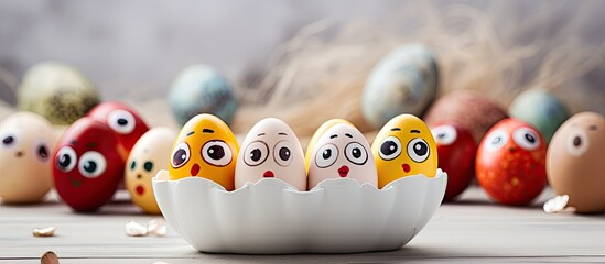 Colorful Easter eggs with painted faces displayed in a glass bowl on a table. This artistic touch adds a whimsical element to the table setting