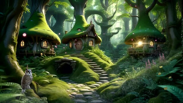 Dwarf home in the fantasy forest with an owl. Seamless looping time-lapse 4k video animation background