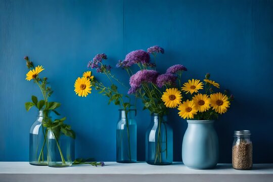 Field flowers in vase over blue wall background