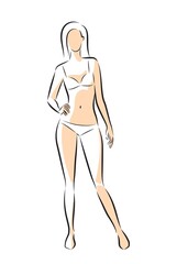 Woman body. Full-length girl standing portrait. Set of body-positive female. Different posing figures.  Fashion silhouette outline line illustration