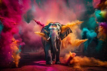 Asian elephant, painted whole with many different colored powders for the celebration of the holi spring festival.