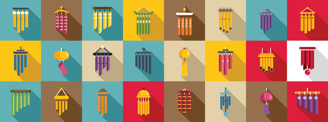 Wind chime icons set flat vector. Home wave sound. Music gold material