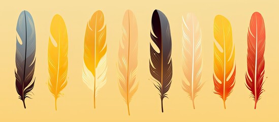 A vibrant display of colorful feathers against a sunny yellow background, resembling a beautiful flower made of feathers. The artistic arrangement creates a stunning visual art piece