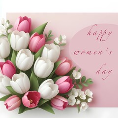 Bouquet of pink tulips with card. Women’s day cards. Happy womens day, pink tulips floral background