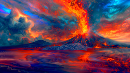 Paint landscape with a mystical volcano. Beautiful painting.