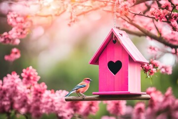 pink bird house with the heart shaped entrance on spring background - Powered by Adobe