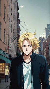 Cute anime guy with blond hair on a city street