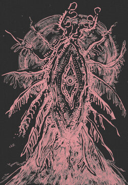 Abstract magical creature.  Sketchbook traditional art, original illustration created by human. Can be used as background or cover, clothes design, or other. Gothic art, magical sketch. 