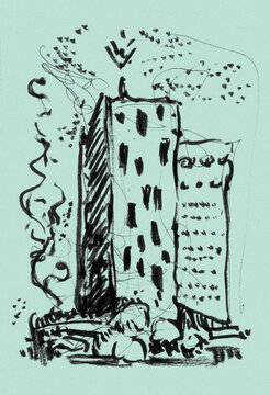 Black and white town buildings. City landscape. Sketchbook traditional art, original illustration created by human. Can be used as background or cover, clothes design, or other. 