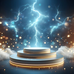 Photoreal 3D with Dynamic Podium with a blurred or bokeh background of Lightning Storm